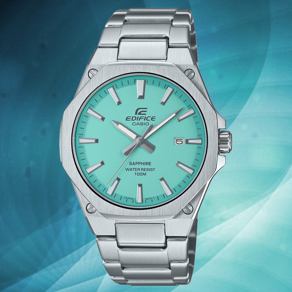 CASIO 卡西歐 EDIFICE 輕薄錶殼系列 水晶玻璃八角形潮男腕錶-水藍 EFR-S108D-2BV