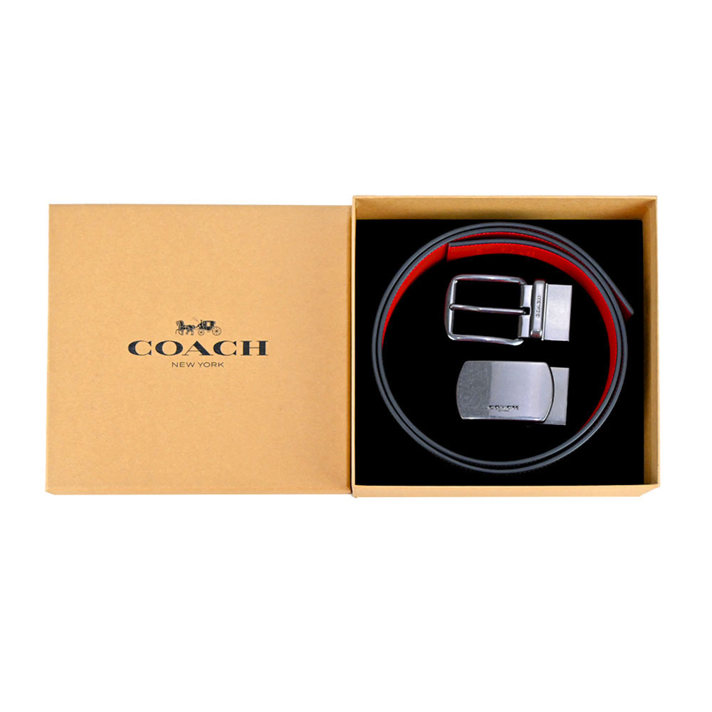 COACH PVC皮革雙面用男士皮帶禮盒組(咖啡黑/紅)