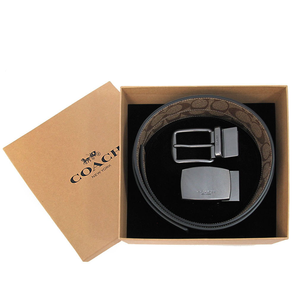 COACH 駝黑雙色方牌x針扣雙色寬版皮帶禮盒(38MM)
