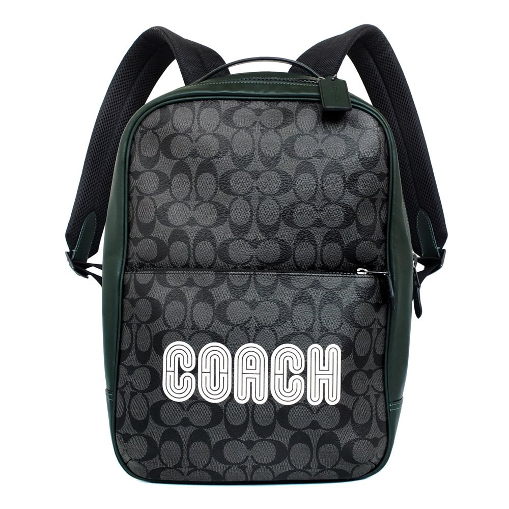 COACH鐵灰黑C Logo跑道字綠邊前口袋男士後背包