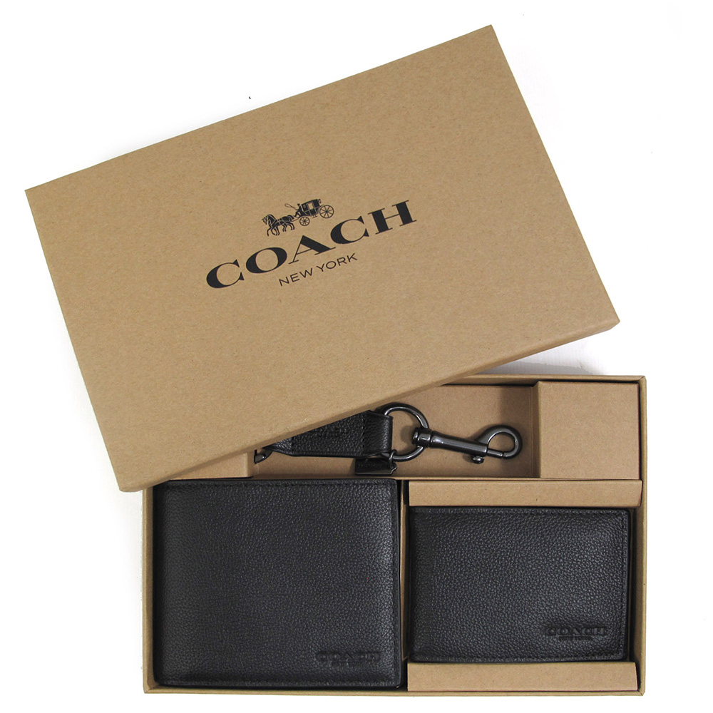 COACH 烙印LOGO黑色鵝卵石紋皮革對開短夾+對開窗型名片卡夾+鎖圈三合一禮盒
