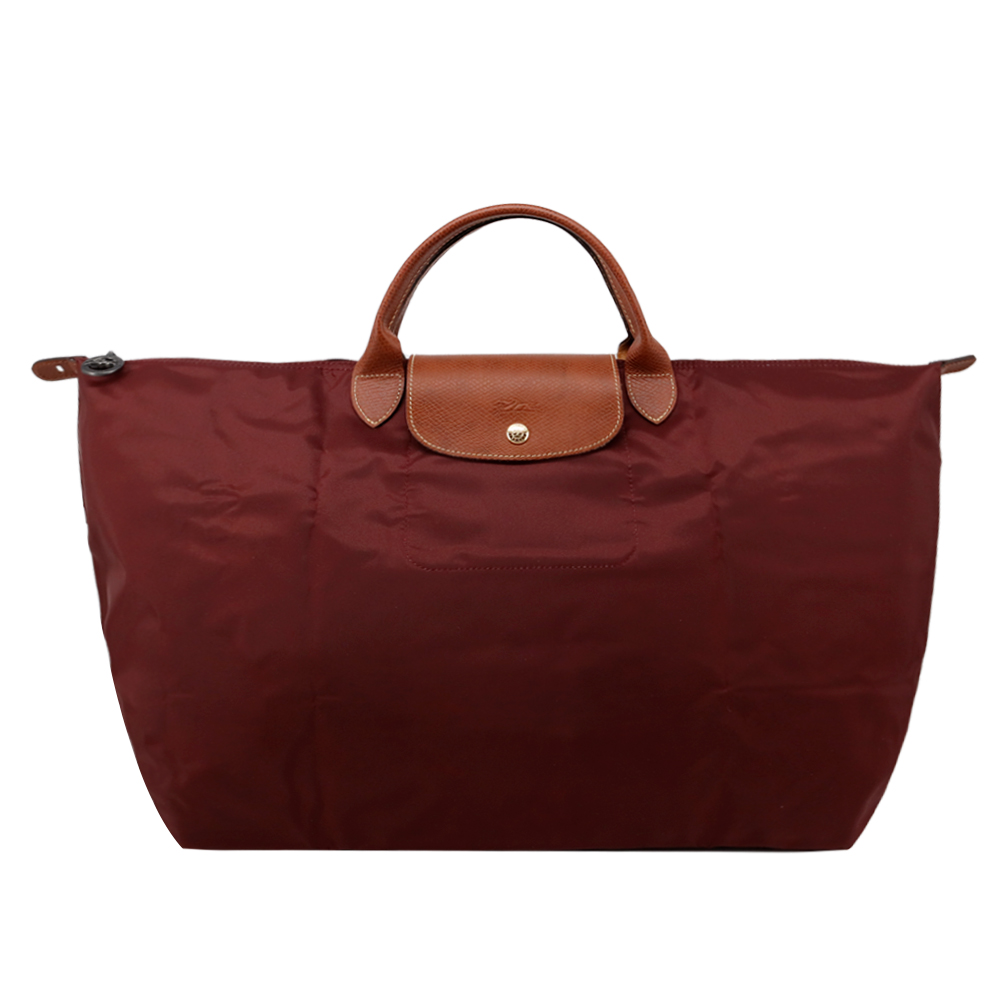 LONGCHAMP LE PLIAGE系列短把再生尼龍摺疊水餃旅行袋(小/酒紅)