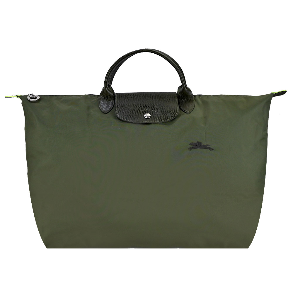 LONGCHAMP LE PLIAGE GREEN系列刺繡短把再生尼龍摺疊旅行袋(大/森林綠)