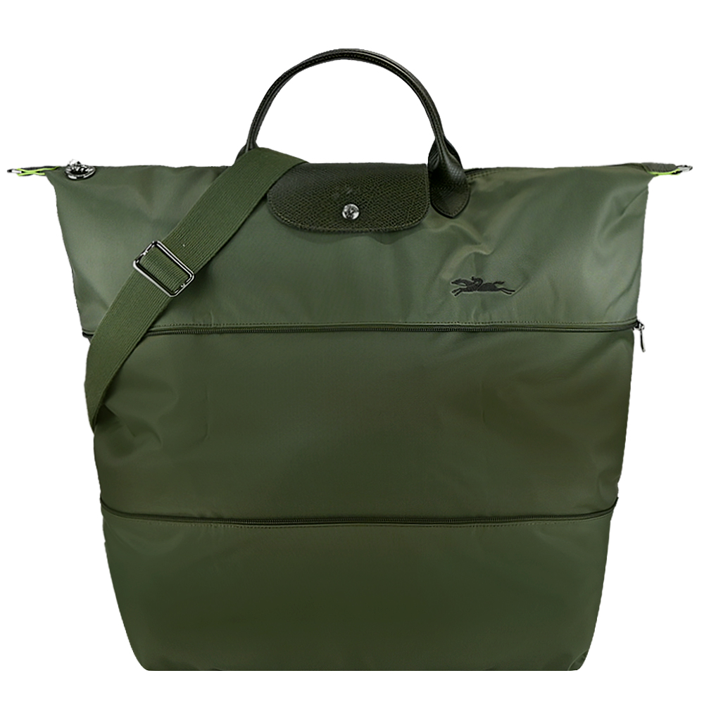 LONGCHAMP LE PLIAGE GREEN系列刺繡短把再生尼龍延展兩用旅行袋(森林綠)