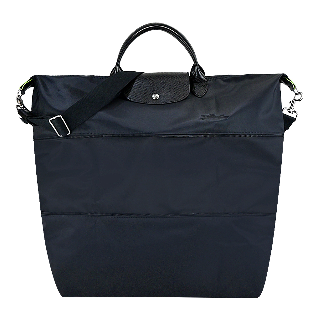 LONGCHAMP LE PLIAGE GREEN系列刺繡短把再生尼龍延展兩用旅行袋(黑)