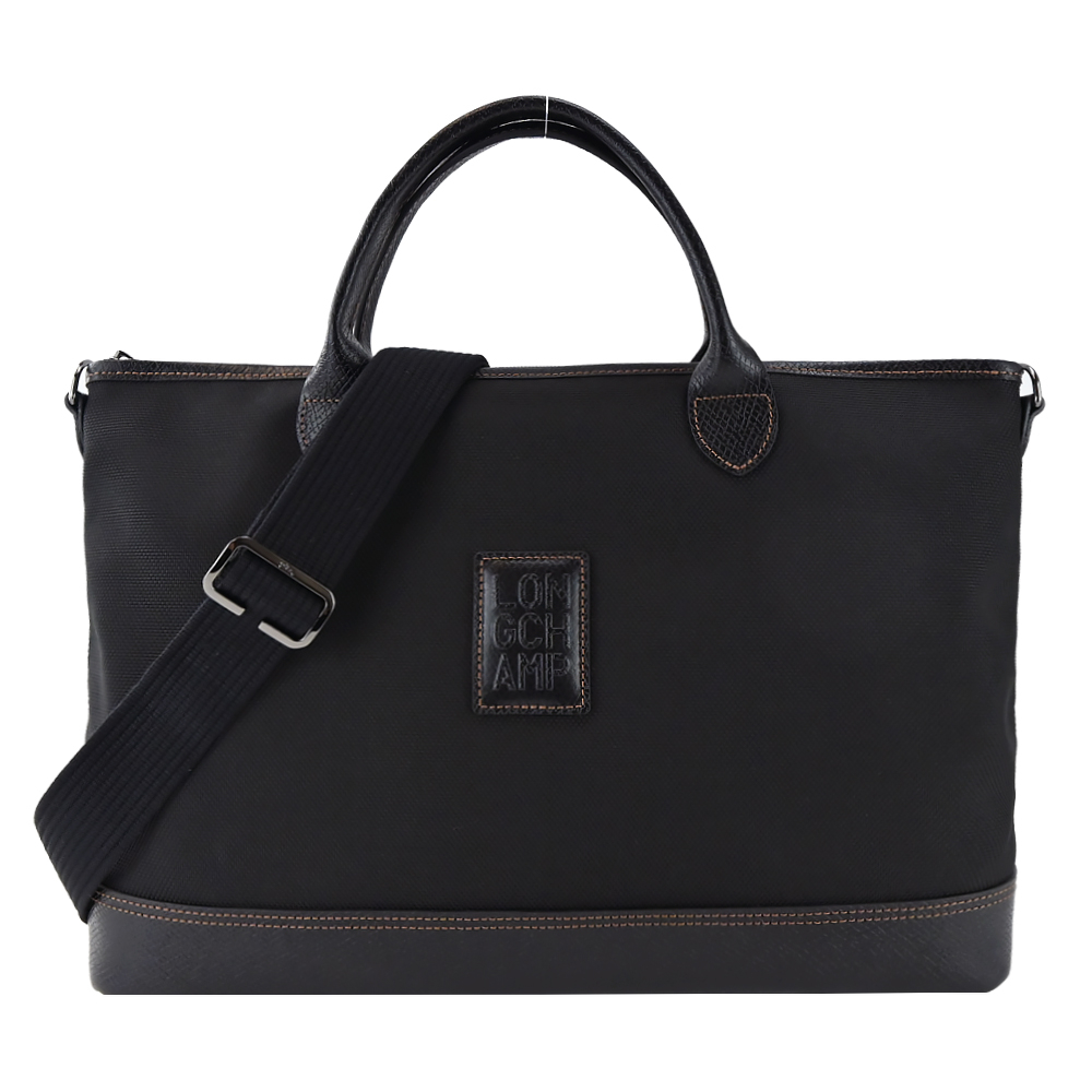 LONGCHAMP BOXFORD系列壓印皮標帆布兩用公事包(小/黑)