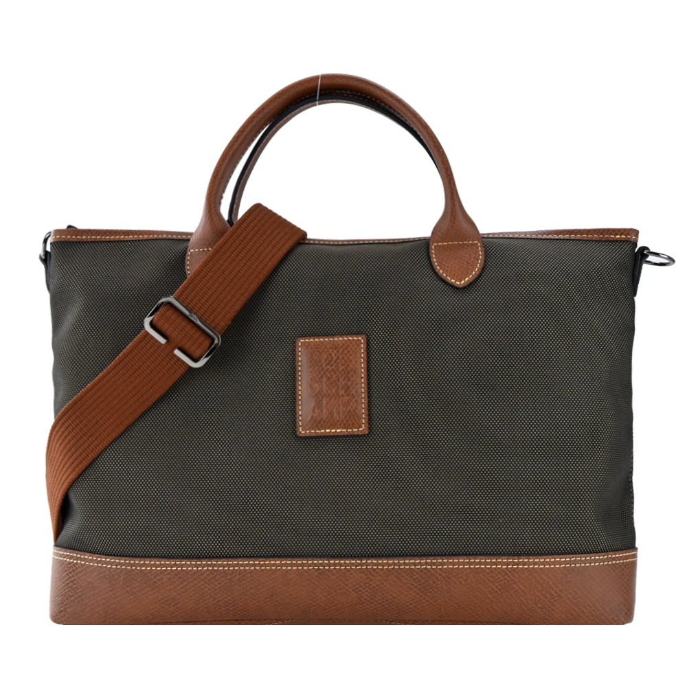 LONGCHAMP BOXFORD系列壓印皮標帆布兩用公事包(小/棕)