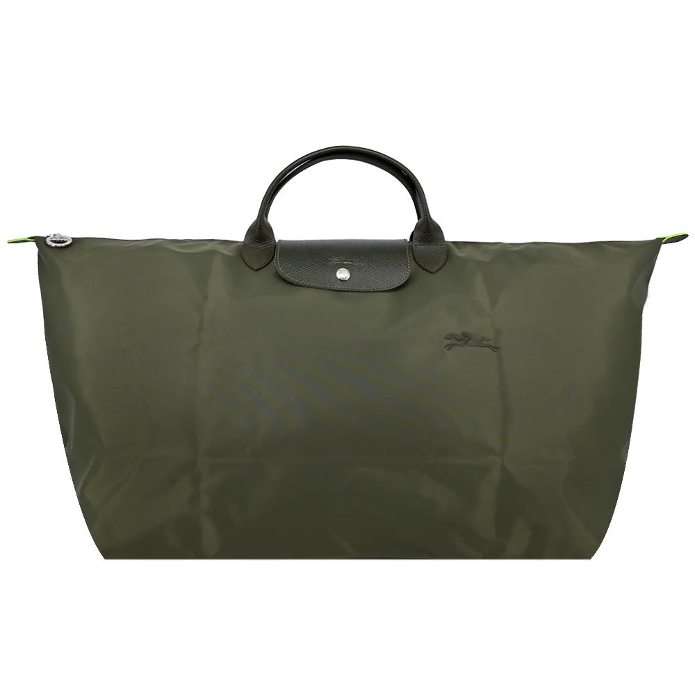 LONGCHAMP LE PLIAGE GREEN系列刺繡短把再生尼龍摺疊旅行袋(特大/森林綠)