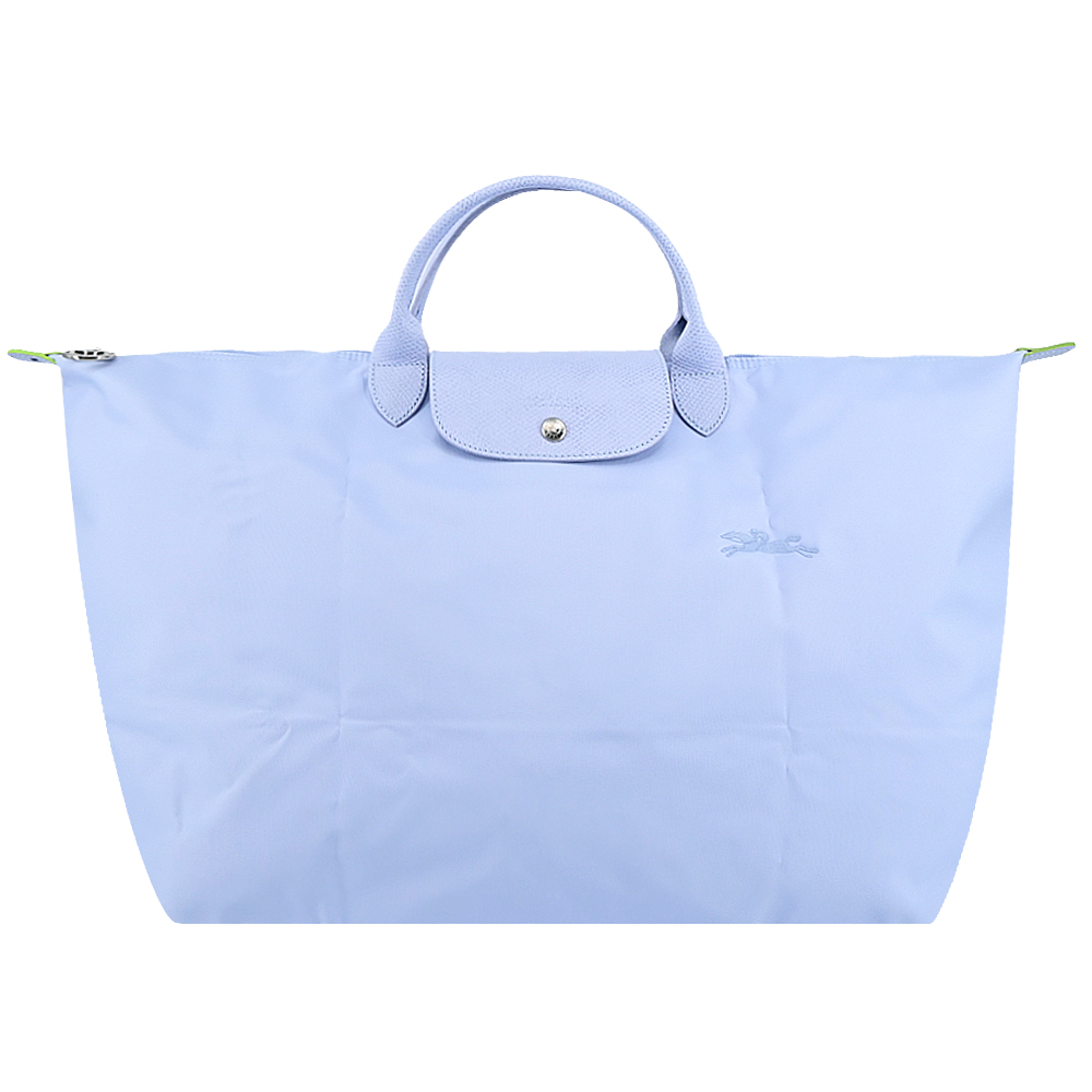 LONGCHAMP LE PLIAGE GREEN系列刺繡短把再生尼龍摺疊旅行袋(大/天澄)