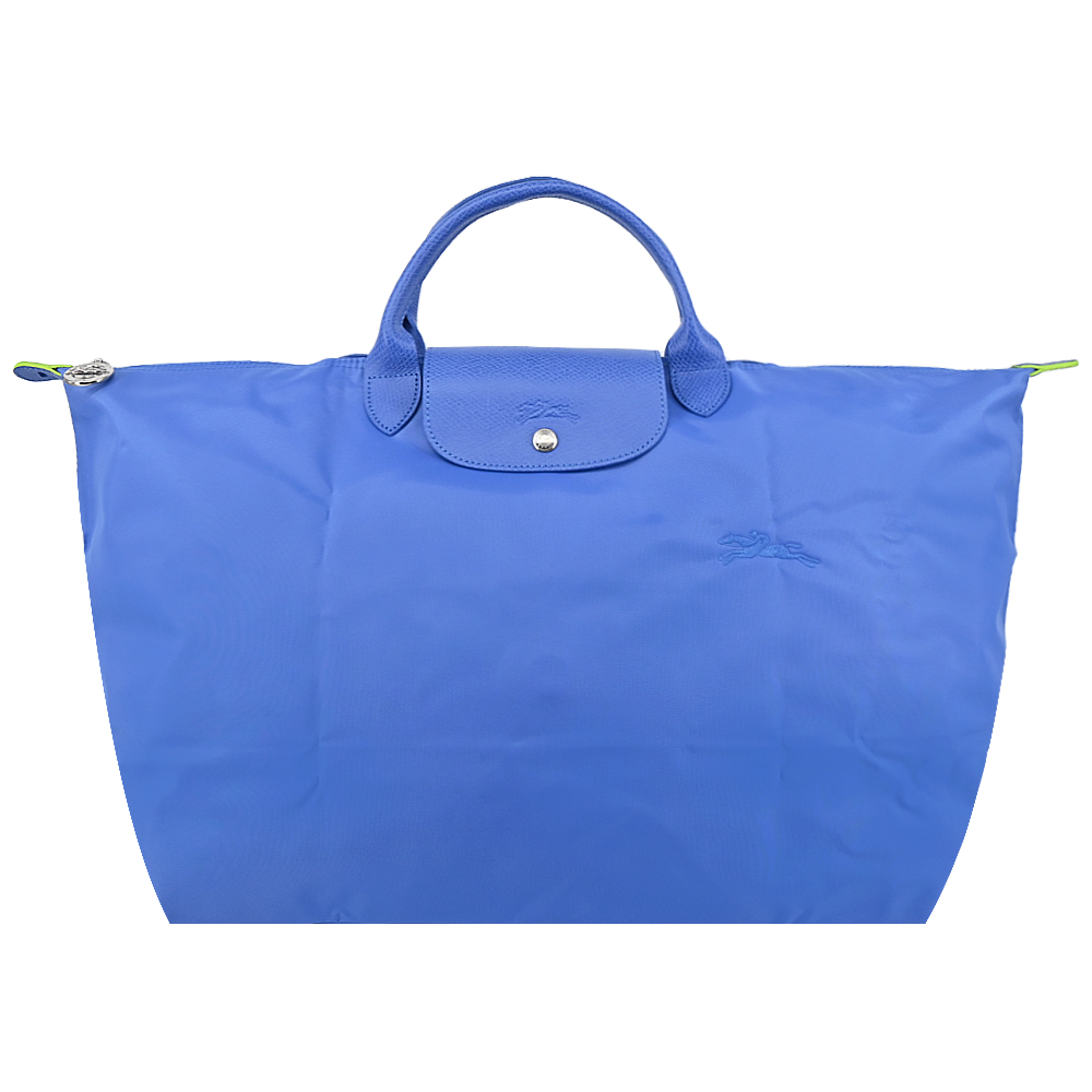 LONGCHAMP LE PLIAGE GREEN系列刺繡短把再生尼龍摺疊旅行袋(小/矢車菊藍)