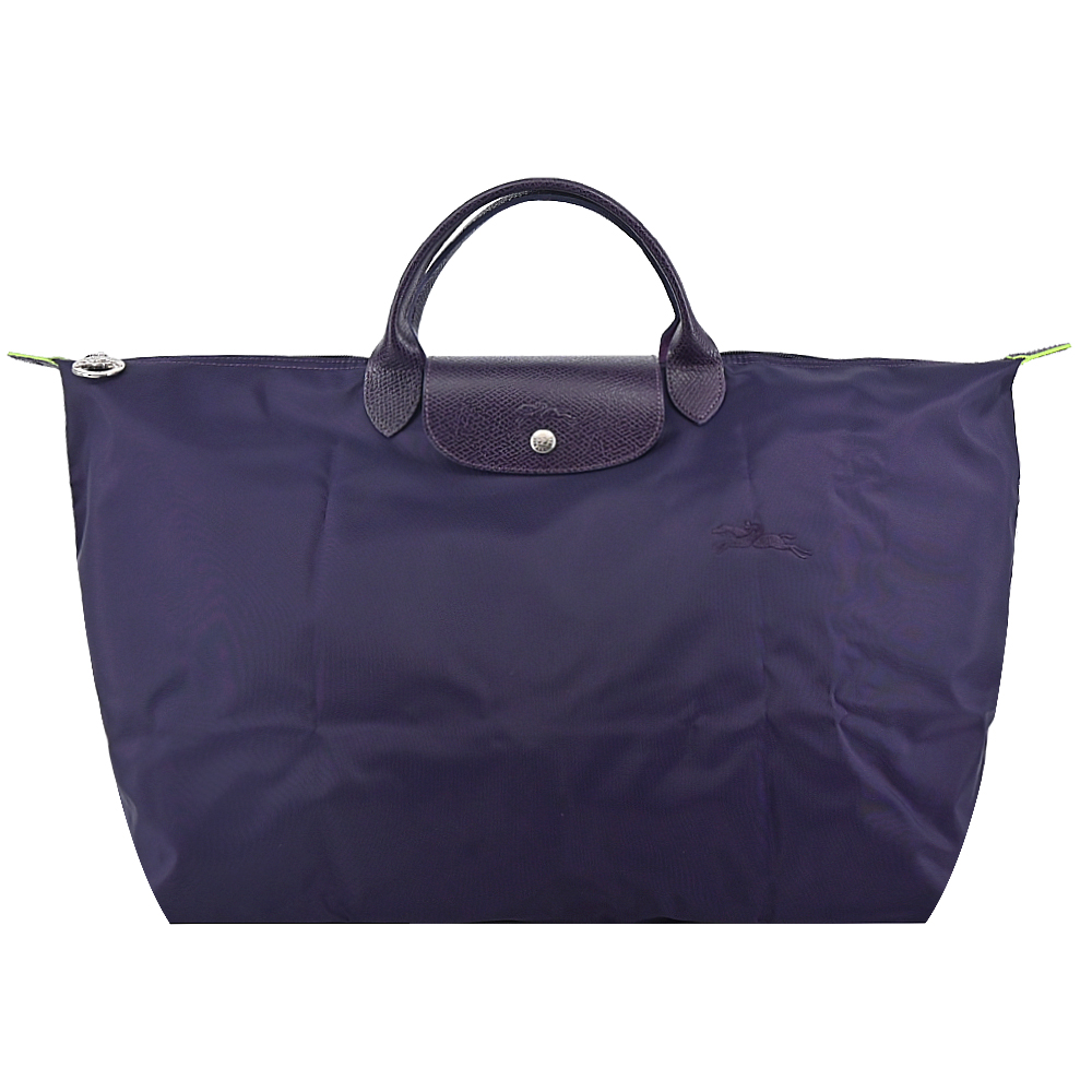 LONGCHAMP LE PLIAGE GREEN系列刺繡短把再生尼龍摺疊旅行袋(小/藍莓)