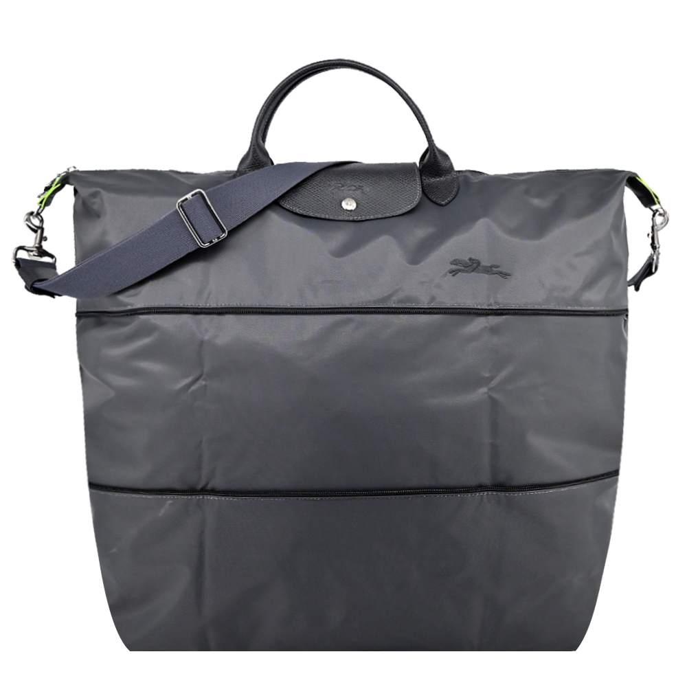 LONGCHAMP LE PLIAGE GREEN系列刺繡短把再生尼龍延展兩用旅行袋(石墨灰)