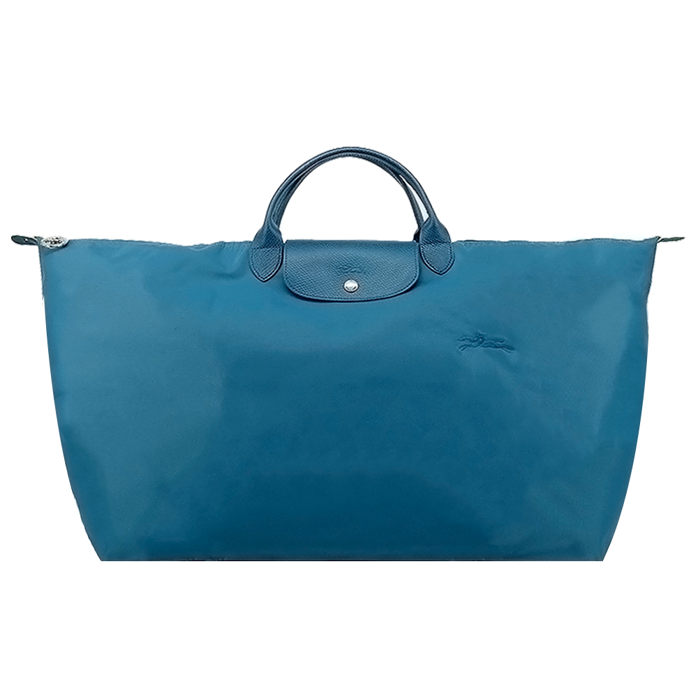 LONGCHAMP LE PLIAGE GREEN系列刺繡短把再生尼龍摺疊旅行袋(中/孔雀藍)