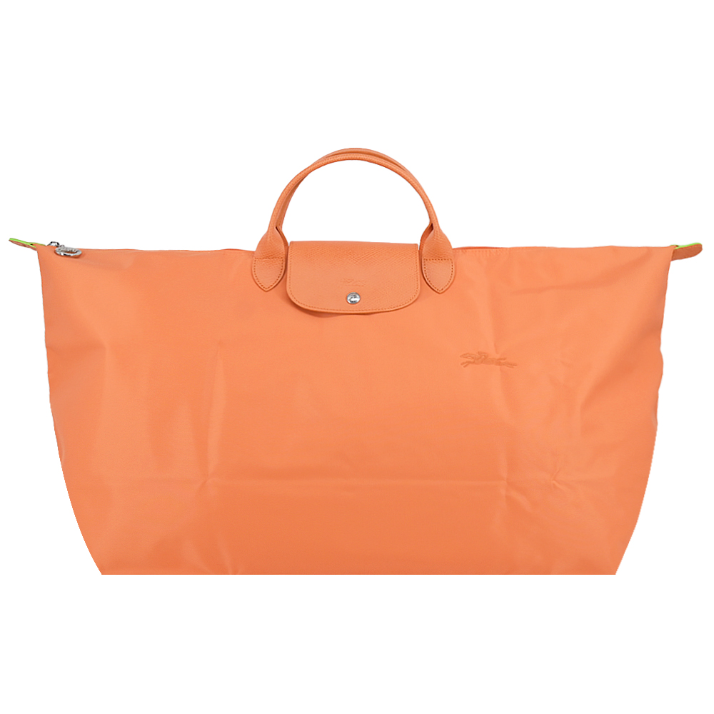 LONGCHAMP LE PLIAGE GREEN系列刺繡短把再生尼龍摺疊旅行袋(中/橙)