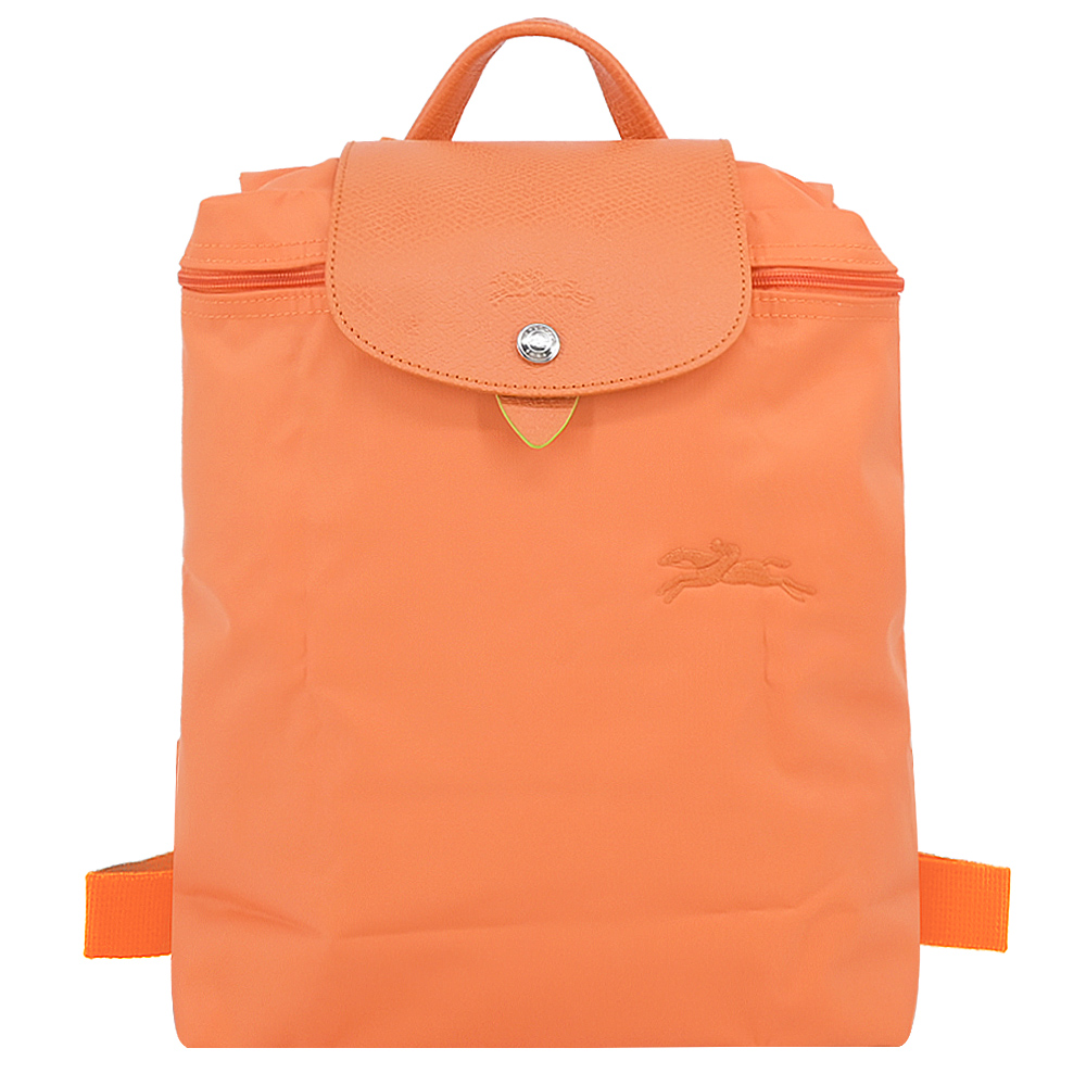 LONGCHAMP LE PLIAGE GREEN系列刺繡再生尼龍摺疊後背包(中/橙)