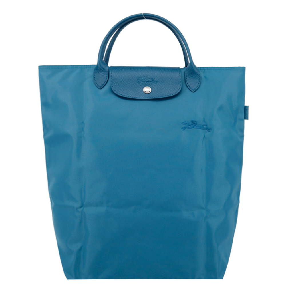 LONGCHAMP LE PLIAGE GREEN系列刺繡短把再生尼龍手提包(中/孔雀藍)