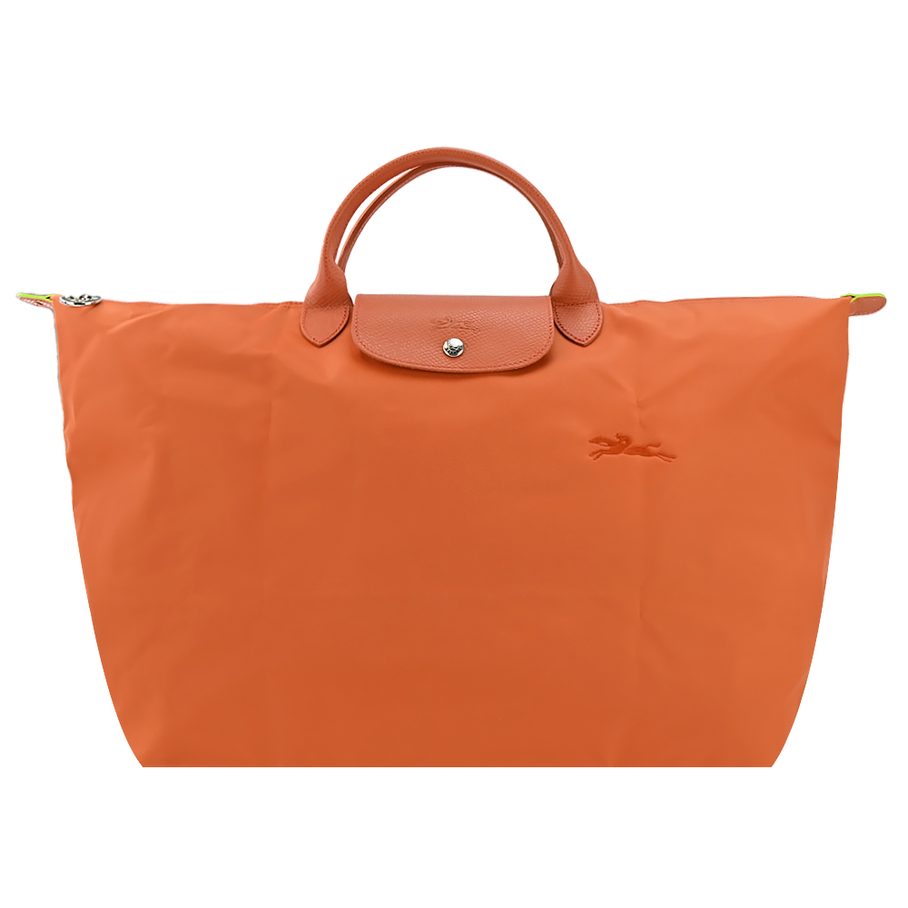 LONGCHAMP LE PLIAGE GREEN系列刺繡短把再生尼龍摺疊旅行袋(大/胡蘿蔔橘)