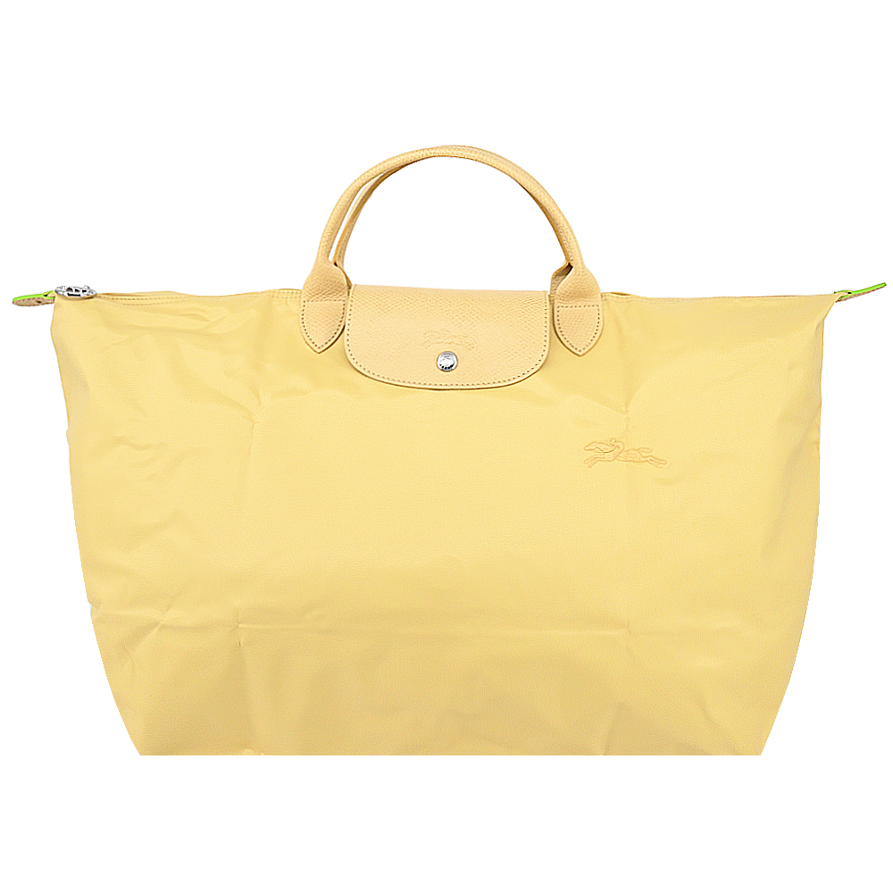 LONGCHAMP LE PLIAGE GREEN系列刺繡短把再生尼龍摺疊旅行袋(小/小麥黃)