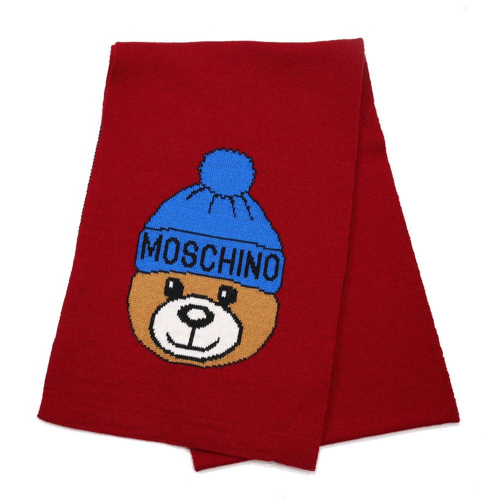 MOSCHINO 毛帽熊混紡羊毛窄版圍巾(007 紅色)