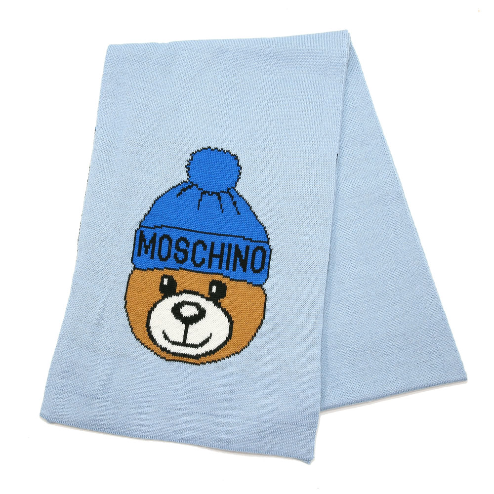 MOSCHINO 毛帽熊混紡羊毛窄版圍巾(012 水藍)