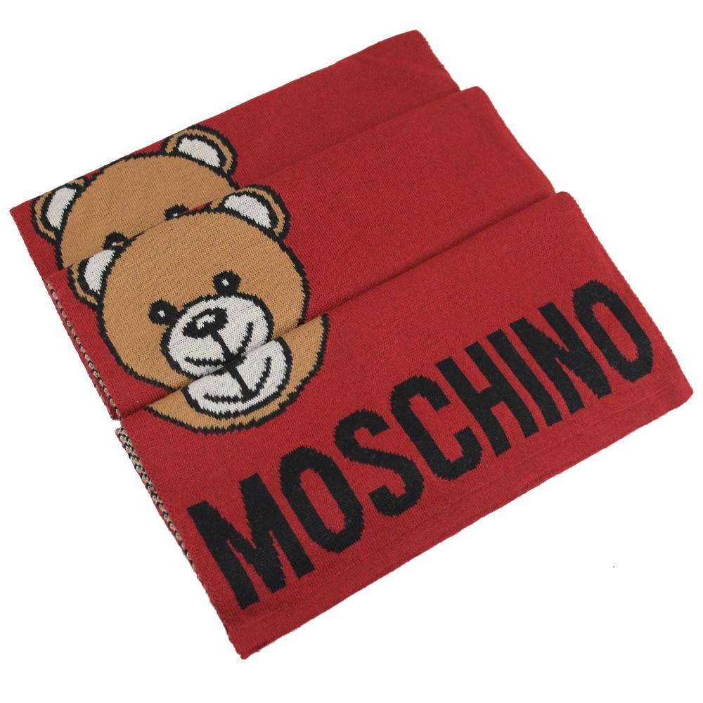MOSCHINO 30571 M2164 刺繡泰迪熊混織羊毛圍巾.紅