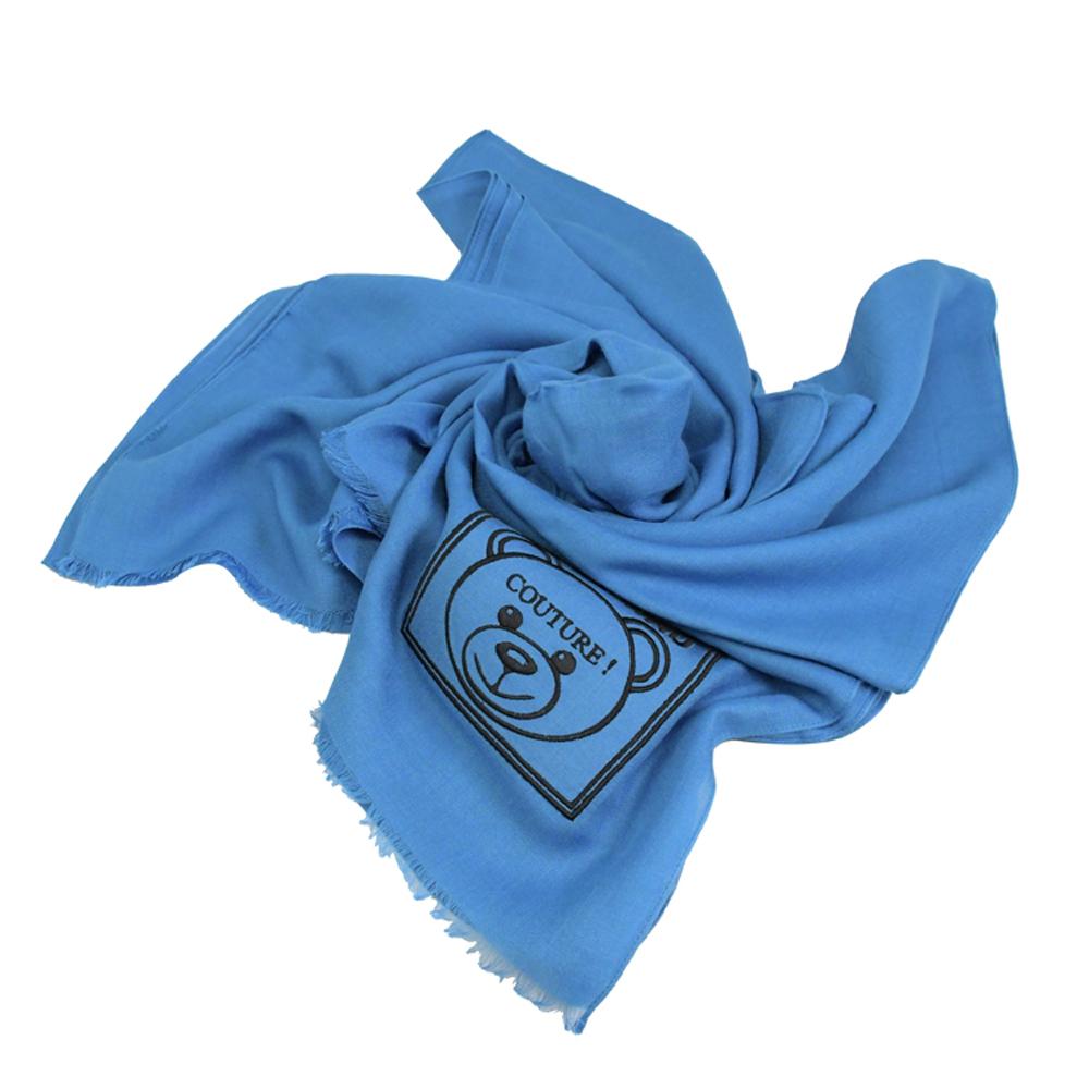 MOSCHINO 50134 M5344 電繡小熊LOGO莫代爾薄圍巾.藍
