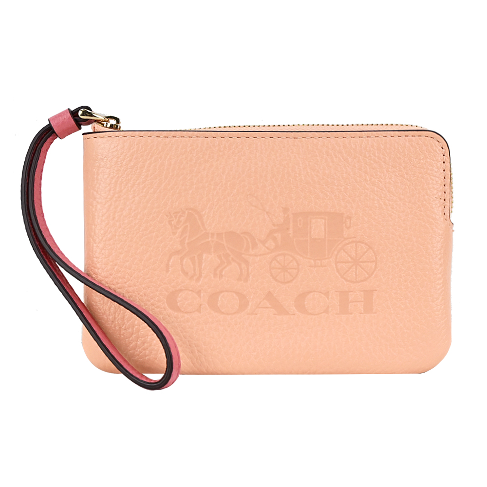 COACH 壓印馬車LOGO素面荔枝紋皮革手拿包(粉膚)
