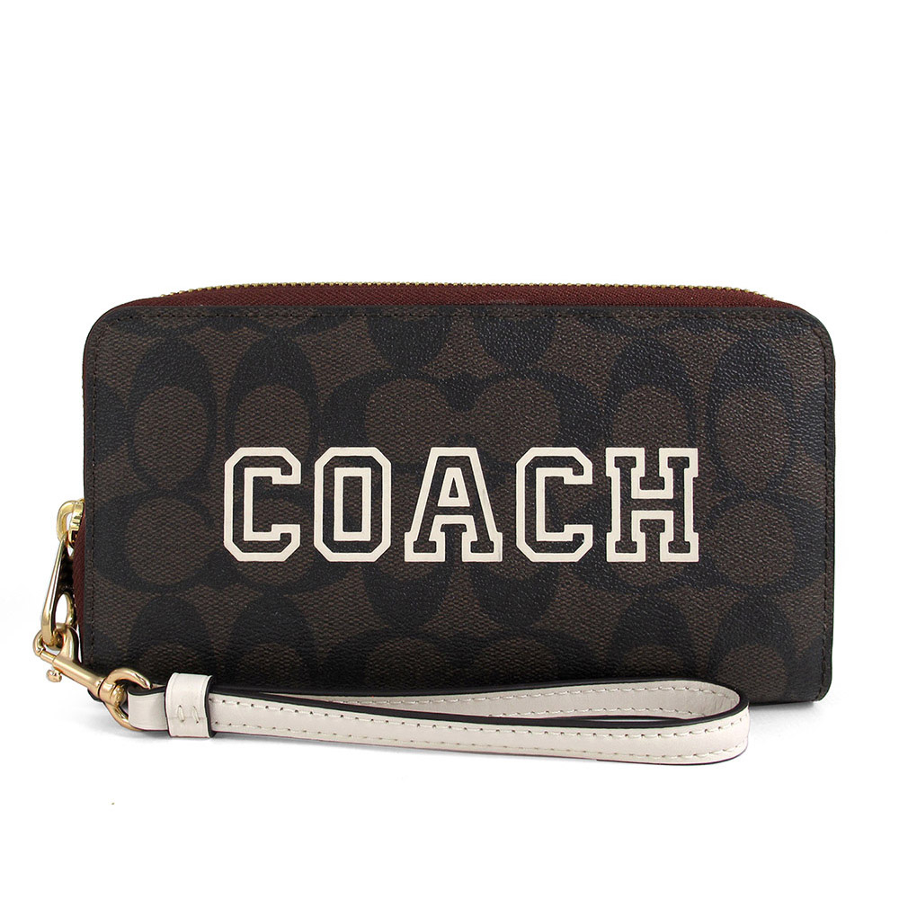 COACH 白色品牌大LOGOX咖啡色防刮滿版手掛式拉鍊長夾