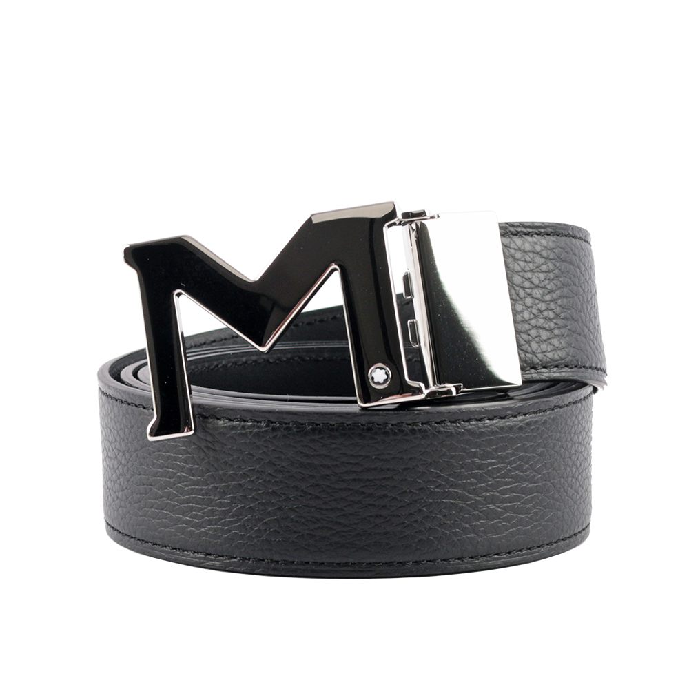 MONT BLANC 銀色M Logo 搭扣3.5cm牛皮雙面可用皮帶(黑色) 127697