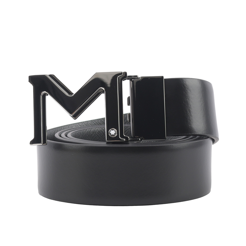 MONT BLANC 銀色M Logo 平滑及防刮牛皮雙面可用寬3.5cm皮帶(黑色/灰色) 131178