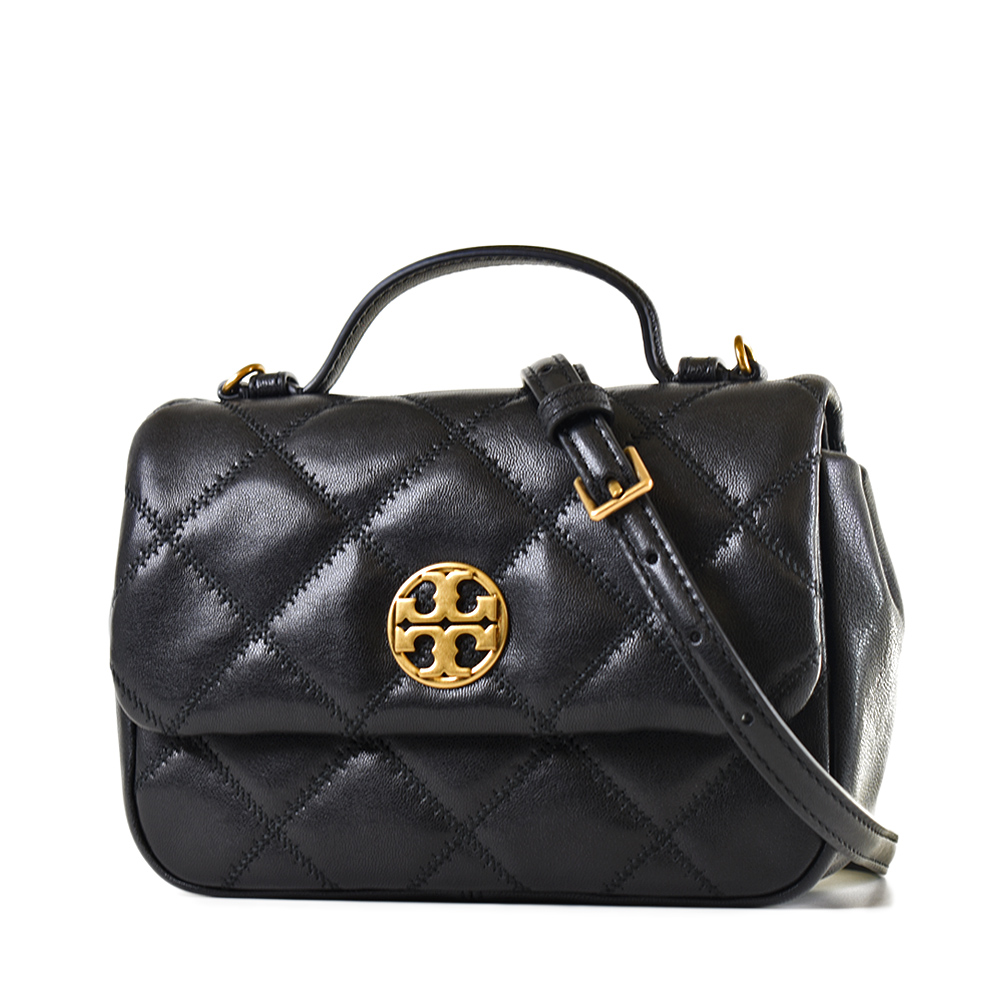 TORY BURCH WILLA 金色LOGO菱格紋手提/斜背二用包-黑色/迷你