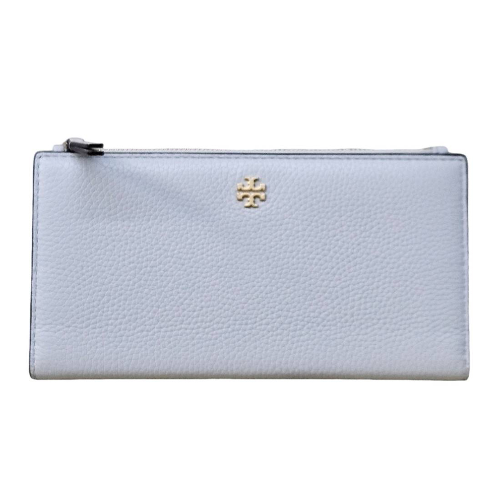 TORY BURCH 經典LOGO牛皮薄對開拉鍊袋長夾 寶寶藍 (贈原廠紙袋)