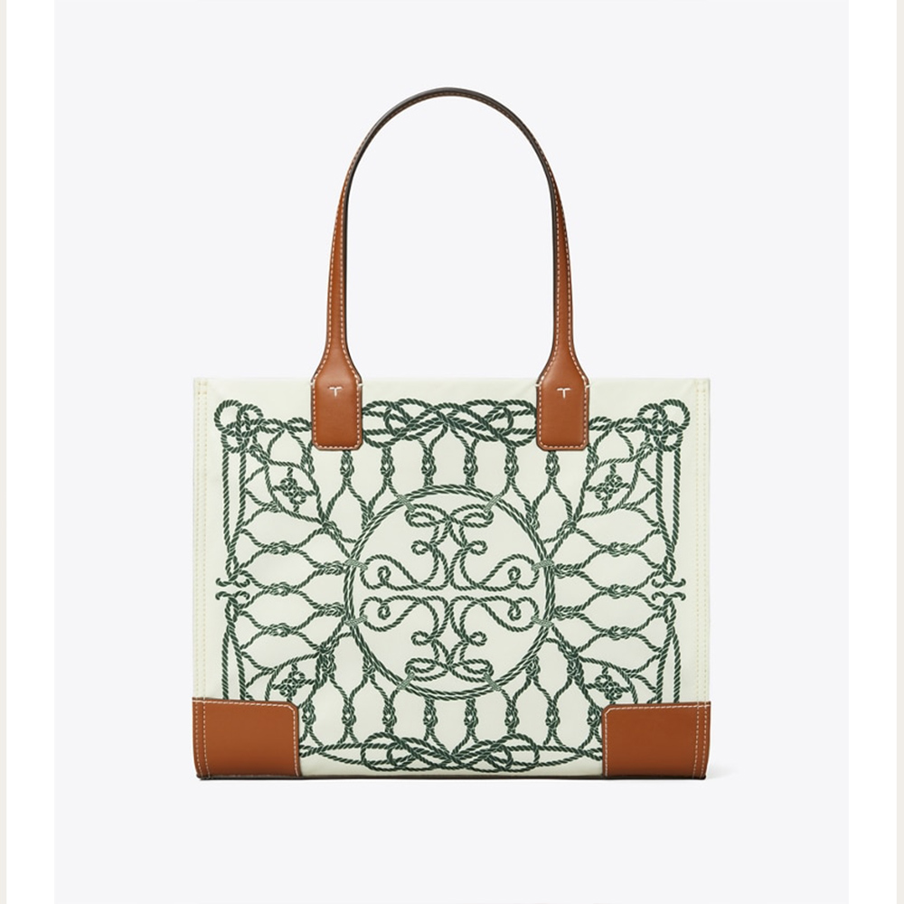 【TORY BURCH】經典雙T LOGO 新款ELLA小款象牙色抽象繩索圖案上肩托特包