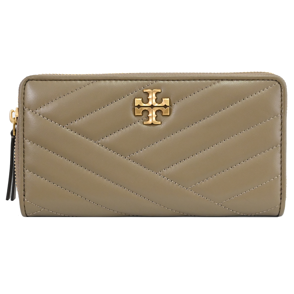 TORY BURCH 90348 經典LOGO絎縫拉鍊長夾.灰棕