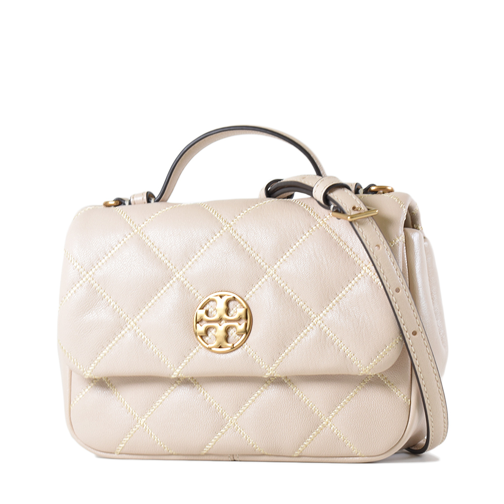 TORY BURCH WILLA 金色LOGO菱格紋手提/斜背二用包-香草白/迷你