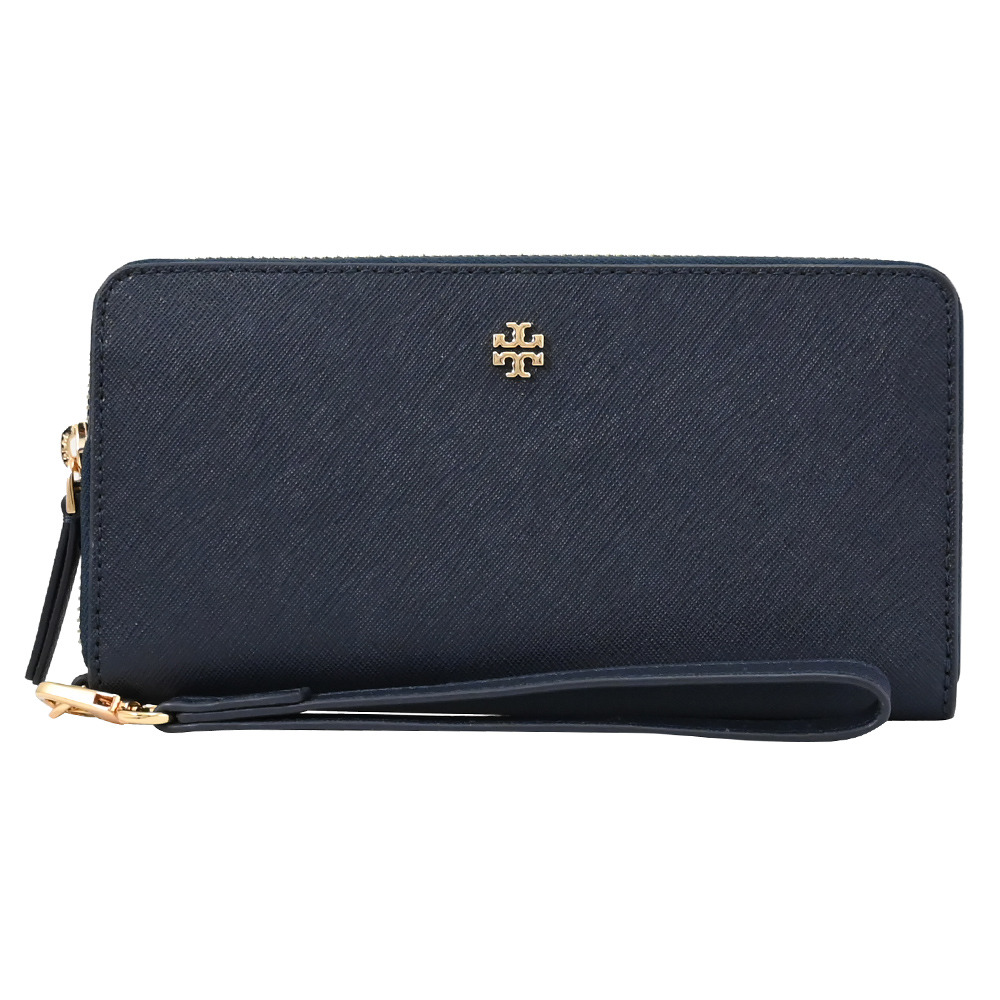 TORY BURCH 136110 防刮皮革手提拉鍊長夾.深藍