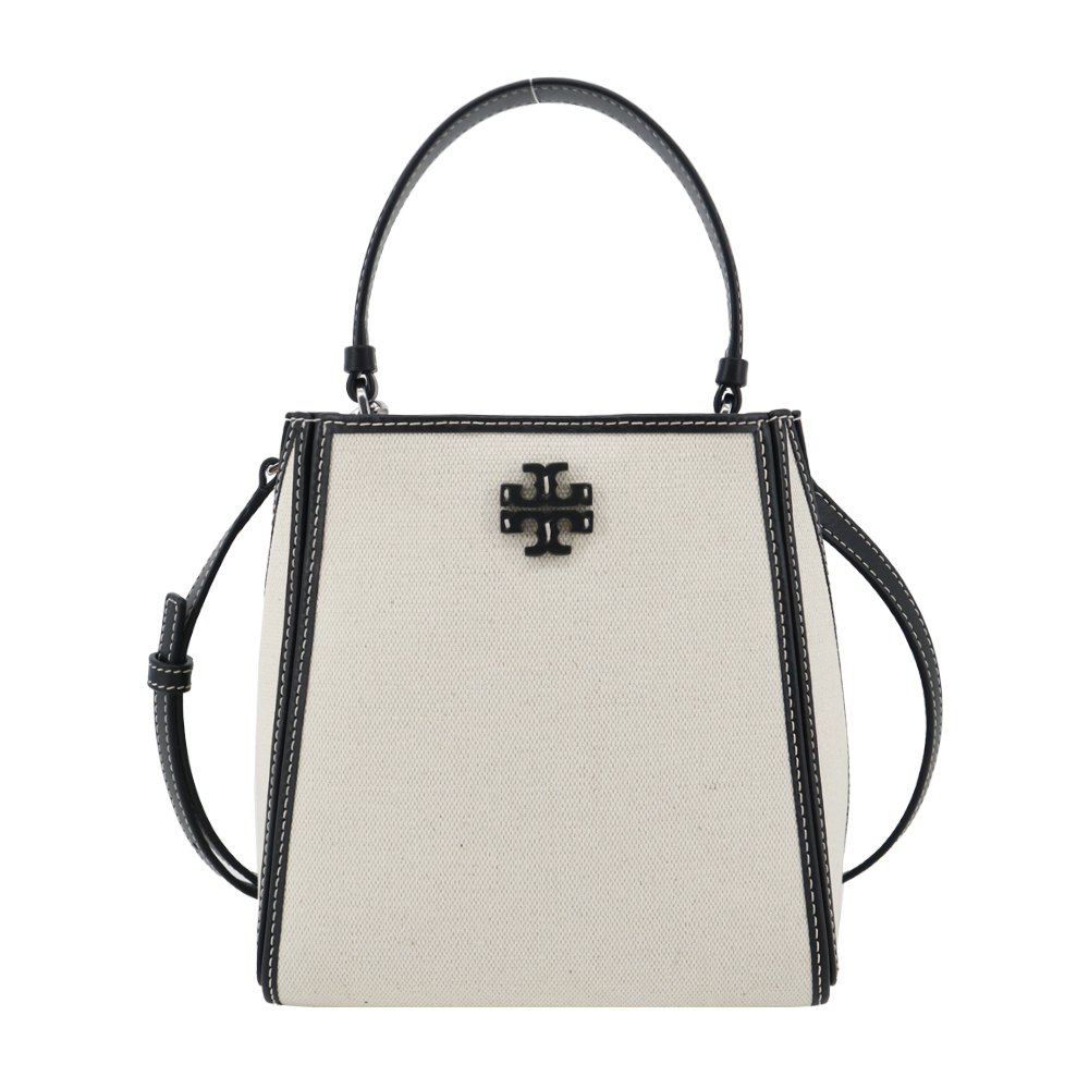 TORY BURCH MCGRAW 帆布皮革手提/斜背水桶包-小/米黑