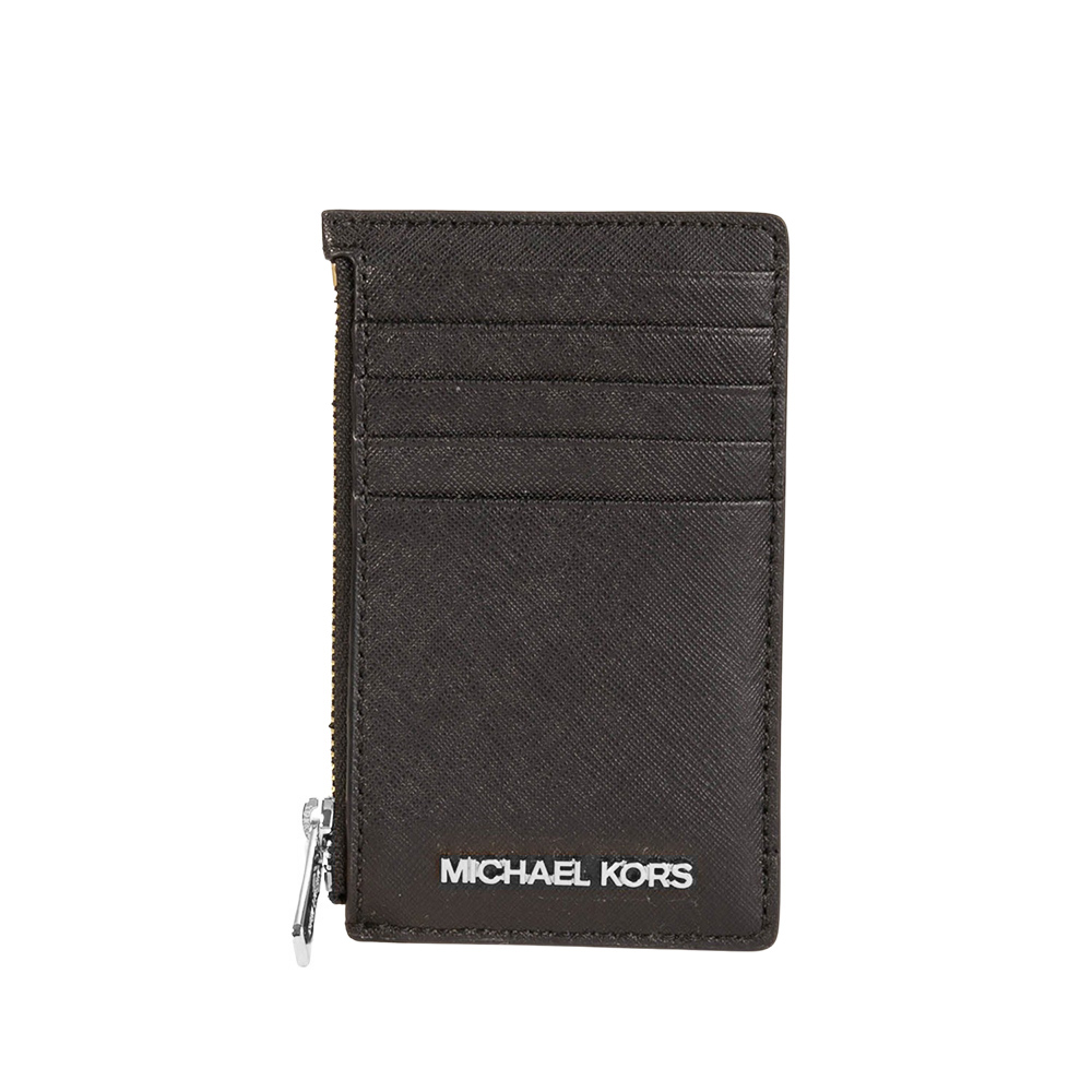 Michael Kors 防刮皮革銀字多卡夾層零錢包(黑色)