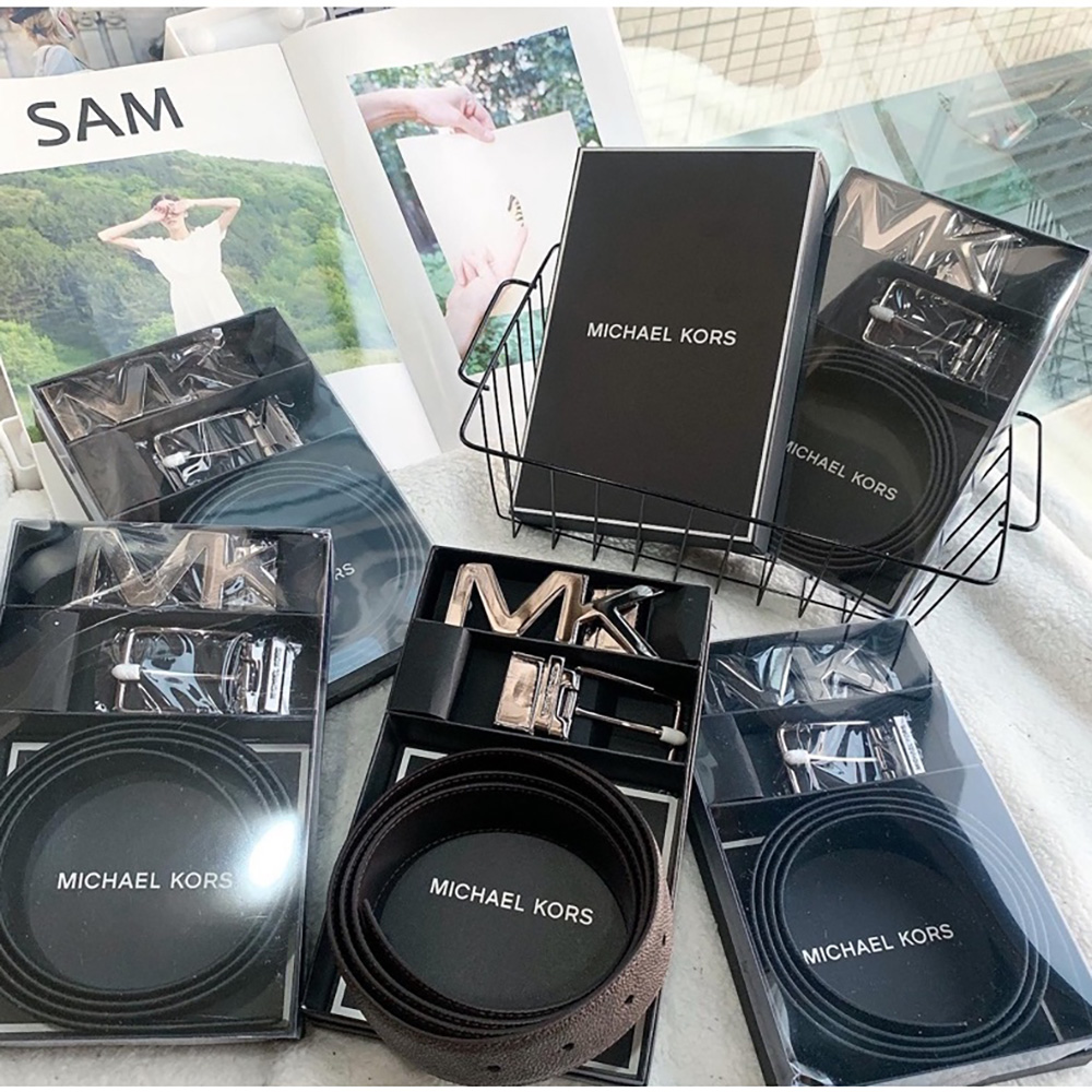 Michael Kors MK滿版logo針釦 雙面用可替換 皮帶 送禮(黑色禮盒組)