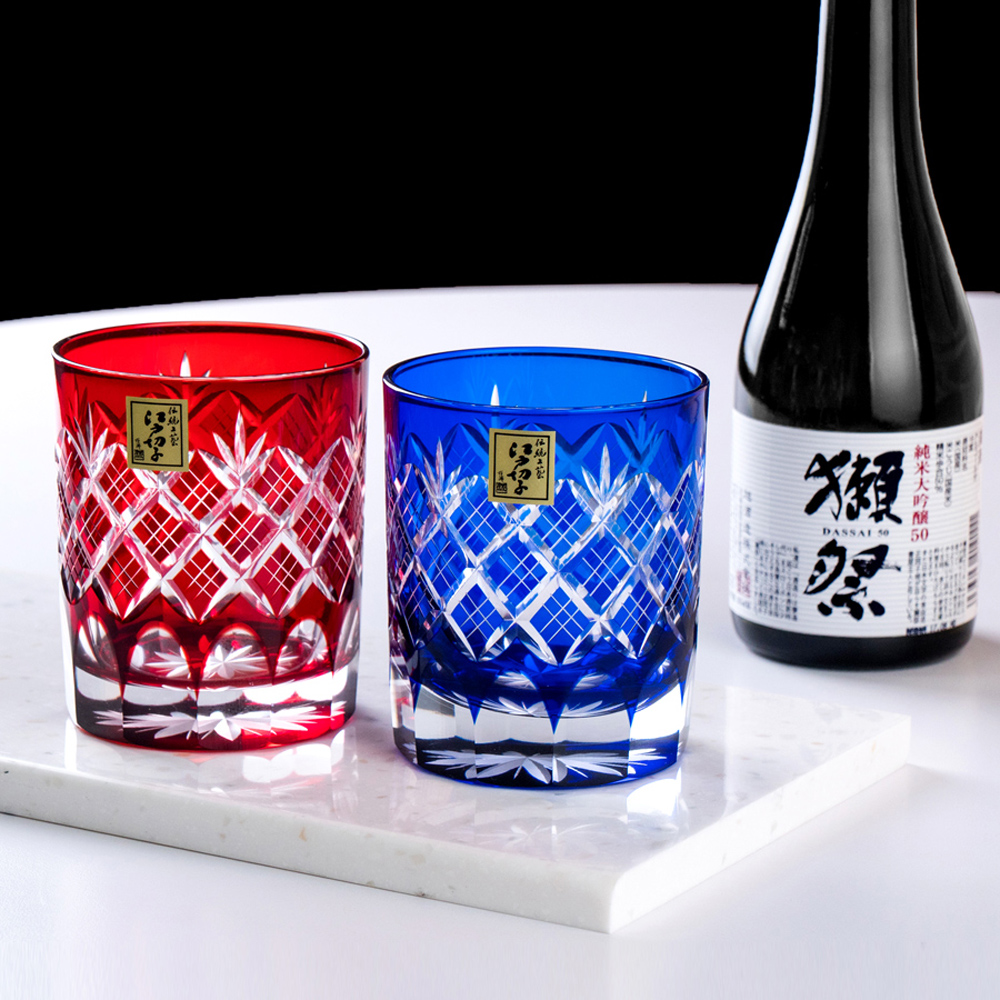 【田島硝子】重疊矢來紋威士忌杯2入禮盒組 琉璃色×朱紅色 酒杯 玻璃杯 傳統工藝(TG04-24-2)