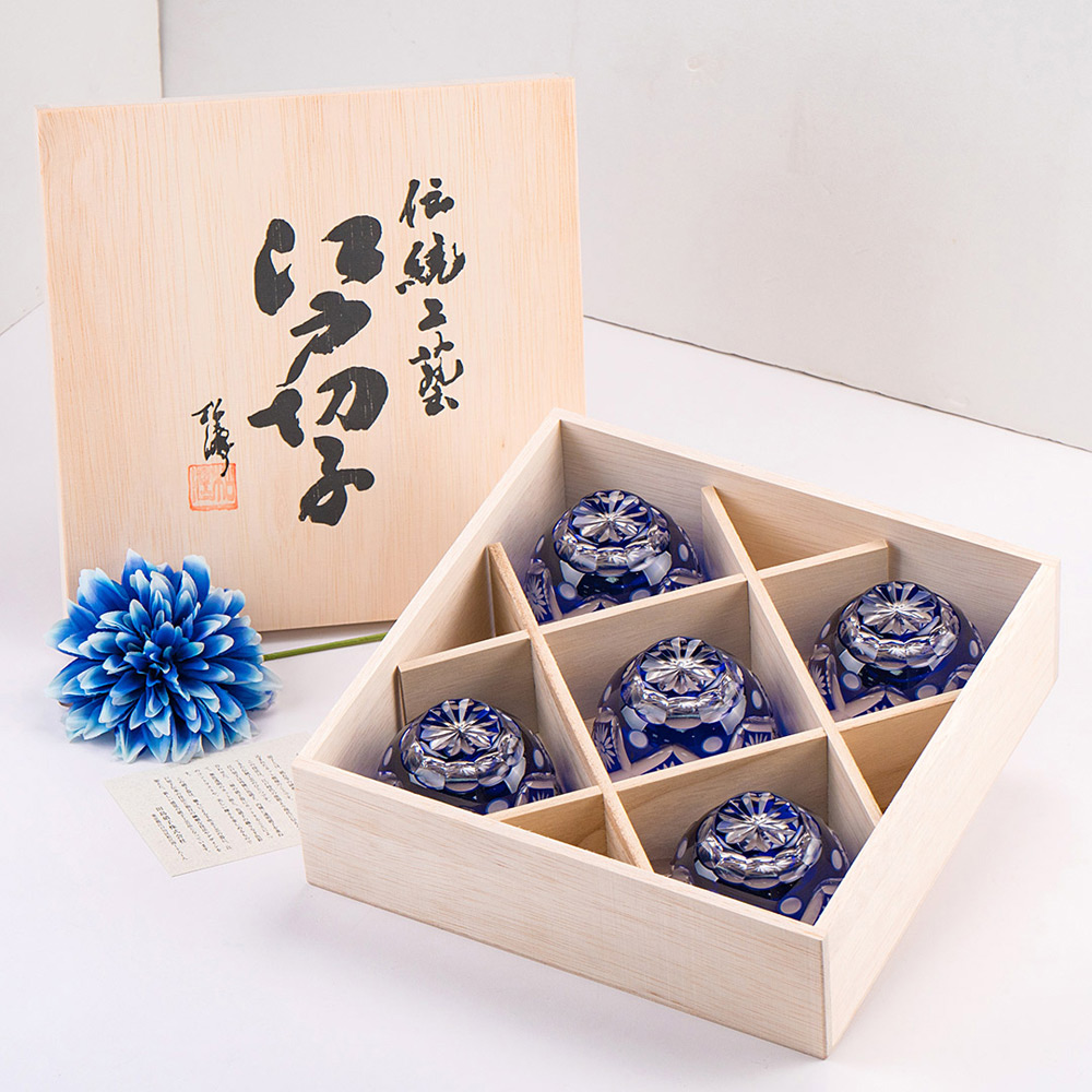 【田島硝子】春菊紋冷茶/清酒杯 5入禮盒組 玻璃杯 琉璃色 傳統工藝(TG98-63-5)