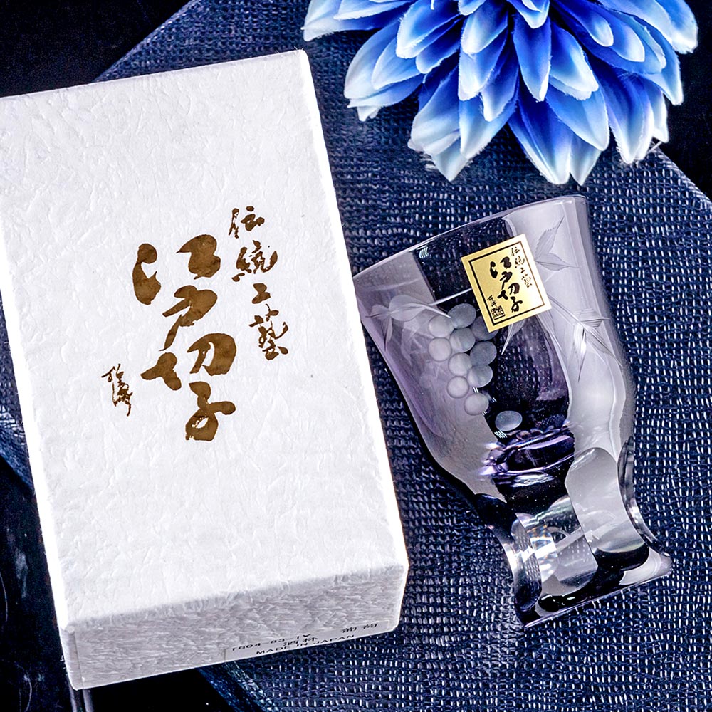 【田島硝子】葡萄紋小酒杯 江戸切子 玻璃杯 紫苑色 傳統工藝(TG04-83-1V)