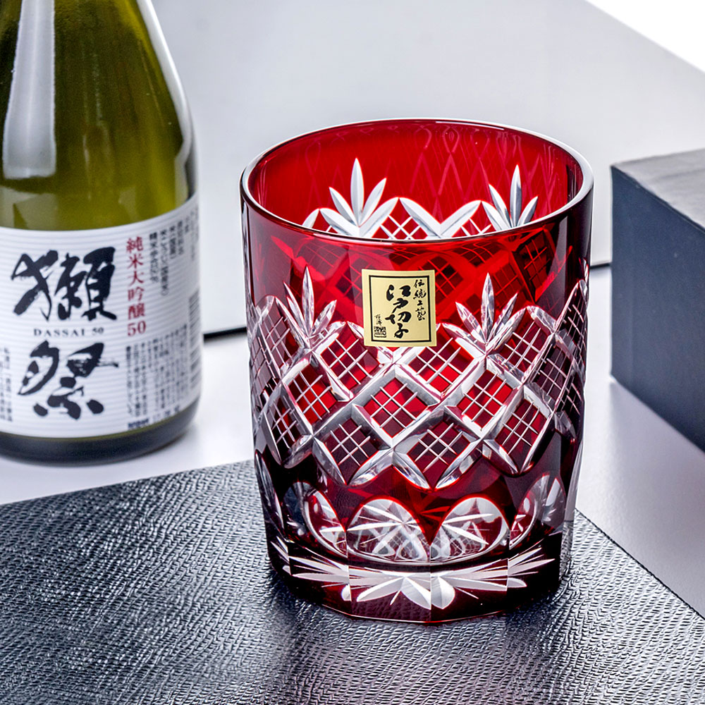 【田島硝子】日本製 重疊矢來紋 江戶切子 威士忌杯 玻璃杯 朱紅色(TG04-24-1R)