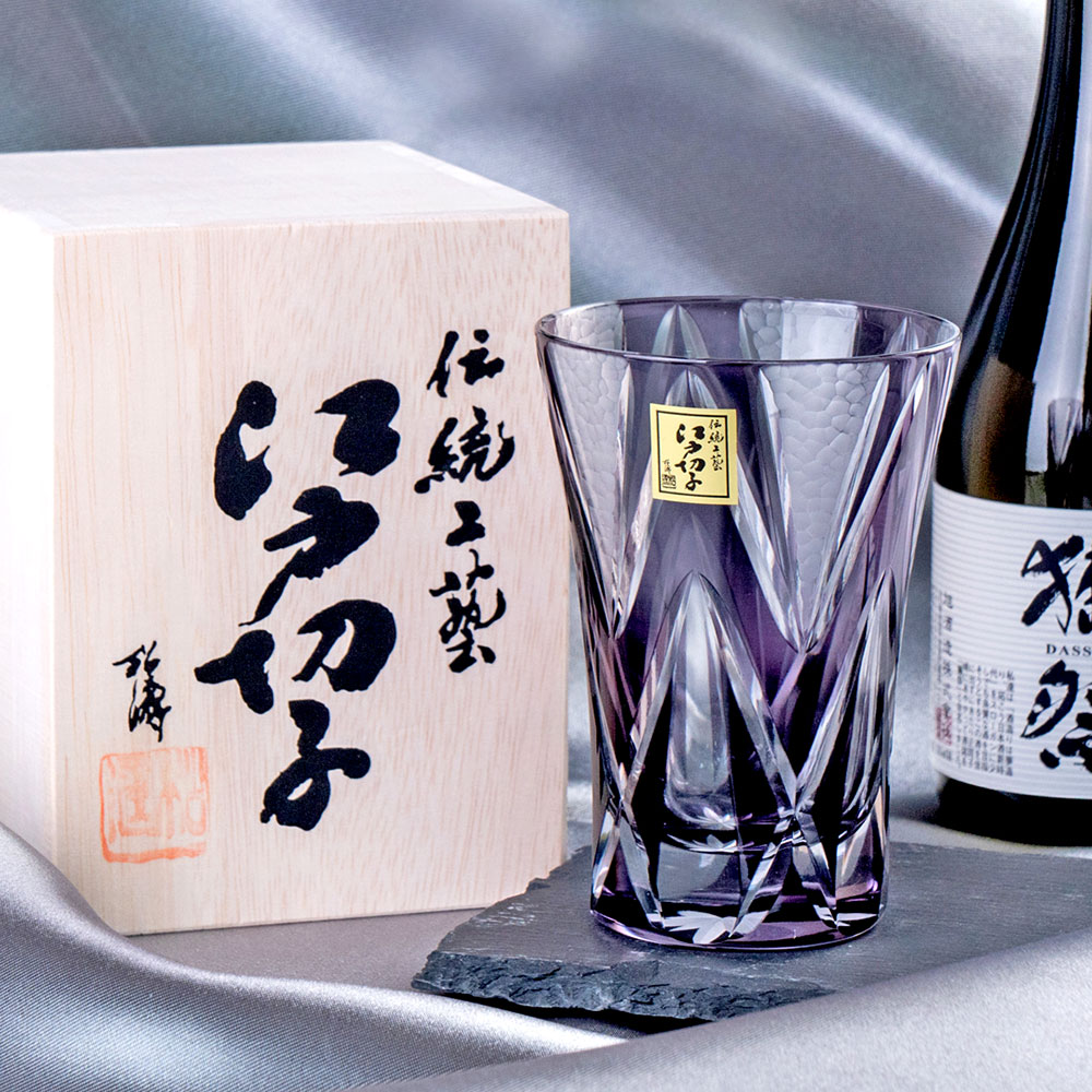【田島硝子】石目星重紋啤酒杯 江戶切子 玻璃杯 紫苑色 傳統工藝(TK21-002-1V)
