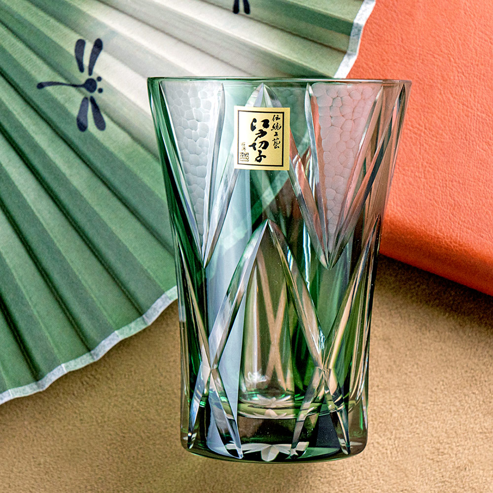 【田島硝子】石目星重紋啤酒杯 江戶切子 玻璃杯 清綠色 傳統工藝(TK21-002-1G)