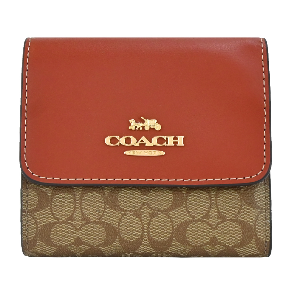 COACH 立體馬車LOGO 皮革拼接PVC三折短夾(卡其x棕)