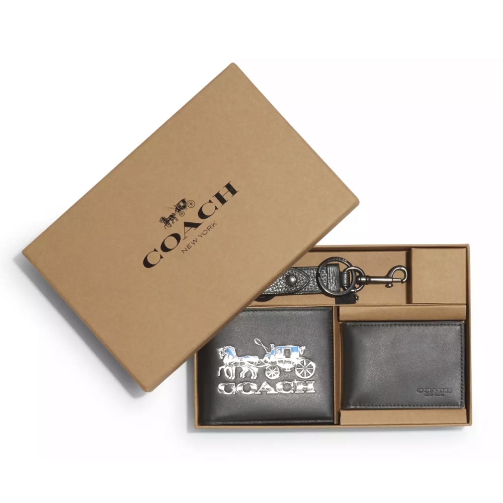 【COACH】禮盒組 白馬車壓印1+1荔枝紋附鑰匙圈男短夾-潮流黑