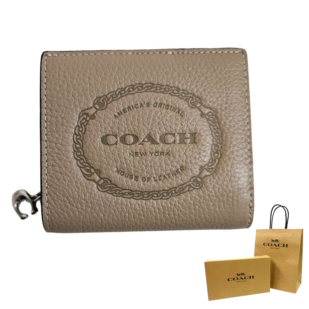 COACH 新款 雕花logo 短夾禮盒組 奶茶色 贈原廠紙袋紙盒