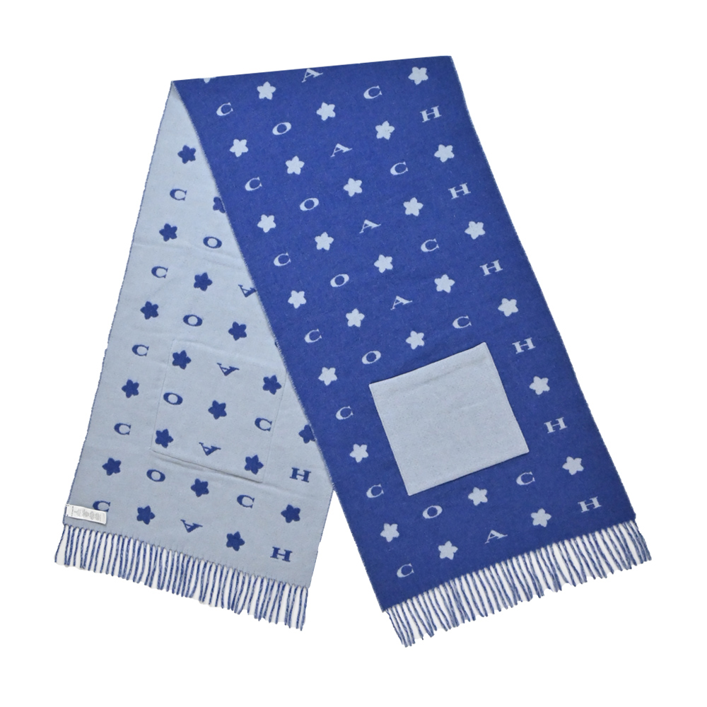 COACH星星印花口袋長版羊毛披肩/圍巾(藍)