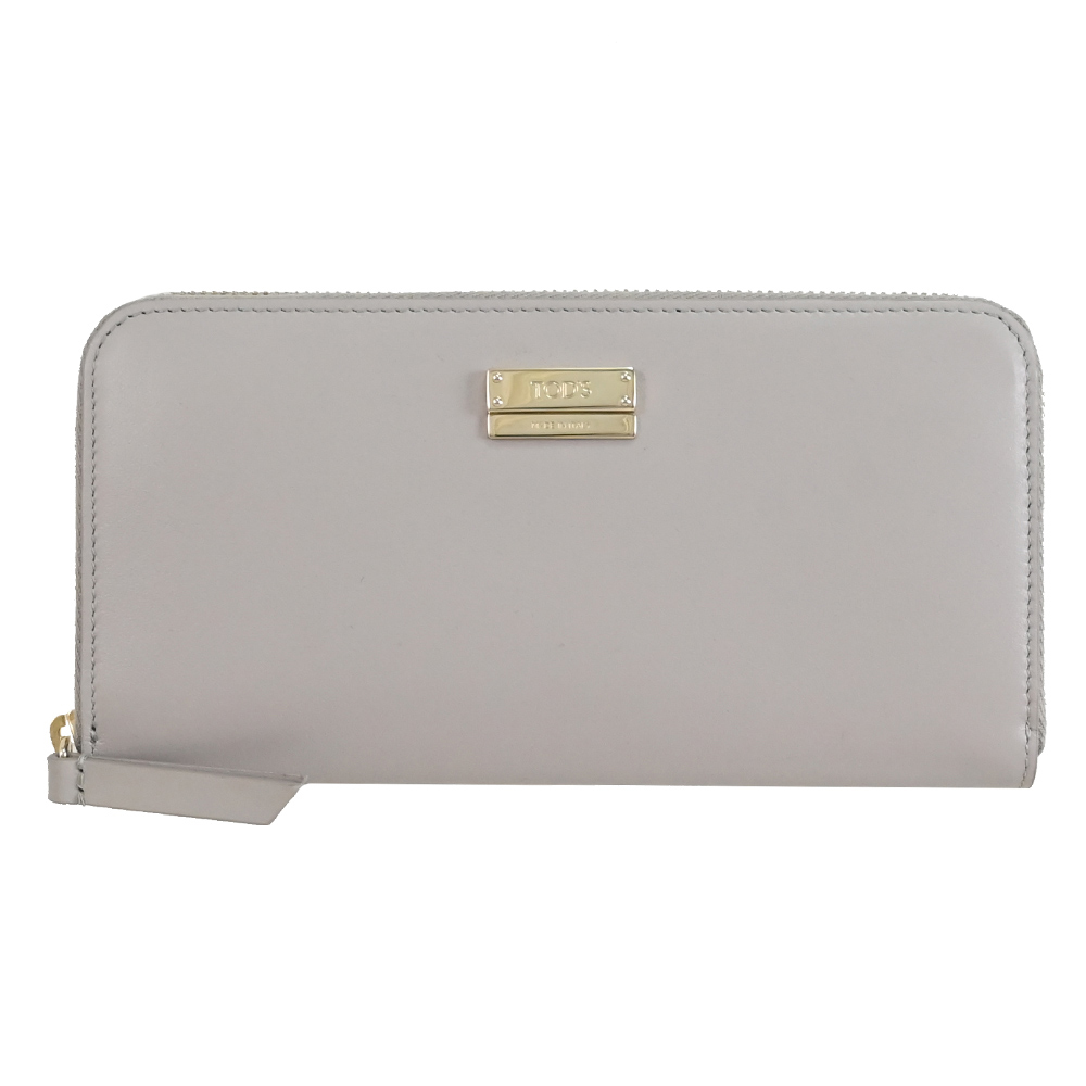 TODS 金屬LOGO滑面牛皮拉鍊長夾.淺灰